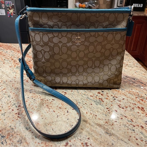 Coach New York Signature Canvas/Leather File Bag Crossbody Brown/Beige/Teal - Picture 1 of 16